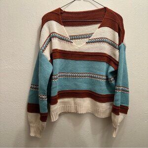 Shein Teal Cream & Rust Sweater Small